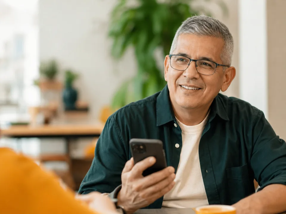 Hombre con lentes mirando su celular en una cafetería